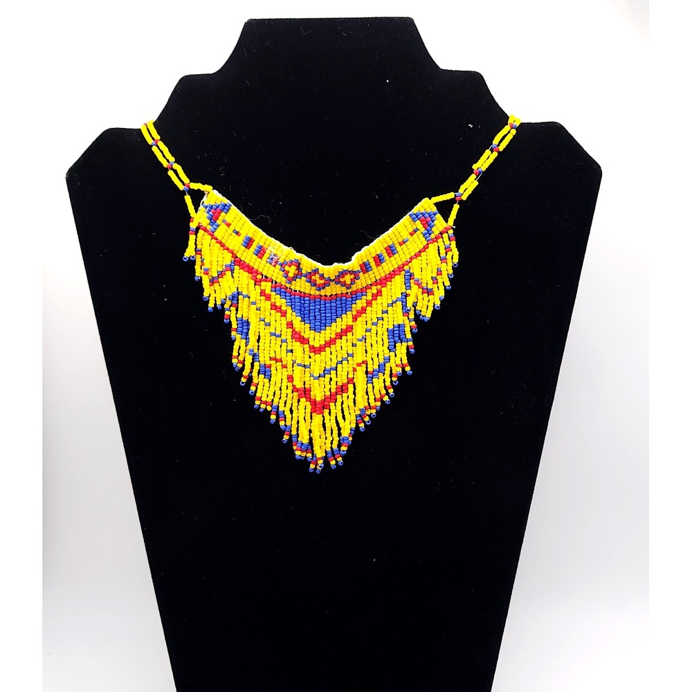 Vintage Seed Bead Bib Necklace Yellow Blue Red Fringe Tribal Boho 17"